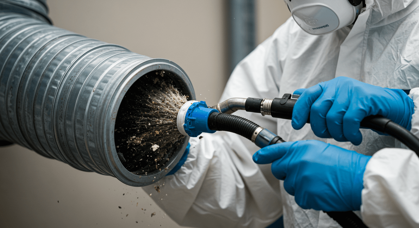 A close-up of a technician in protective gear cleaning air ducts, showcasing the removal of mold and debris.