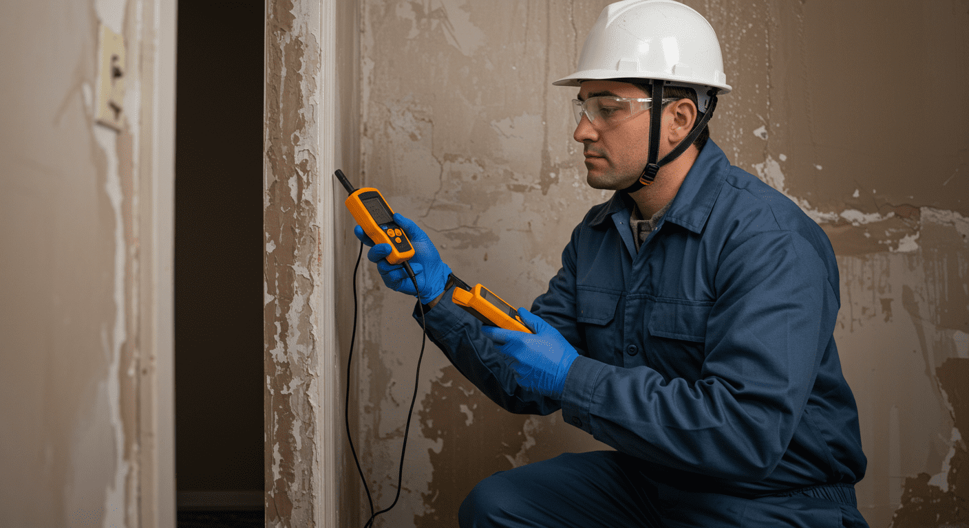 A technician examining water-damaged walls with moisture meters, taking notes. The setting is a home with visible signs of water damage, highlighting the assessment phase.
