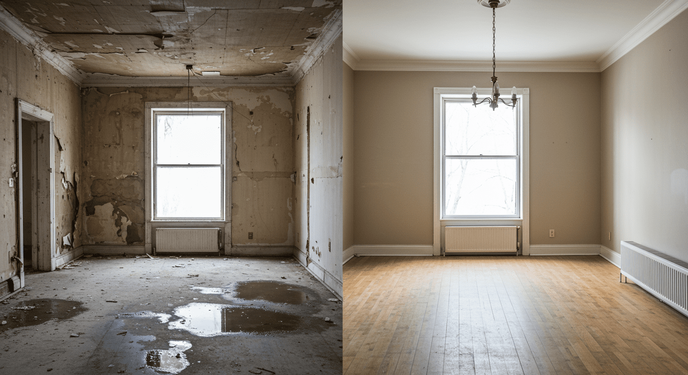 A before-and-after comparison of a water-damaged room transformed into a beautifully restored space. The left side shows the damage, while the right side showcases the restoration success.