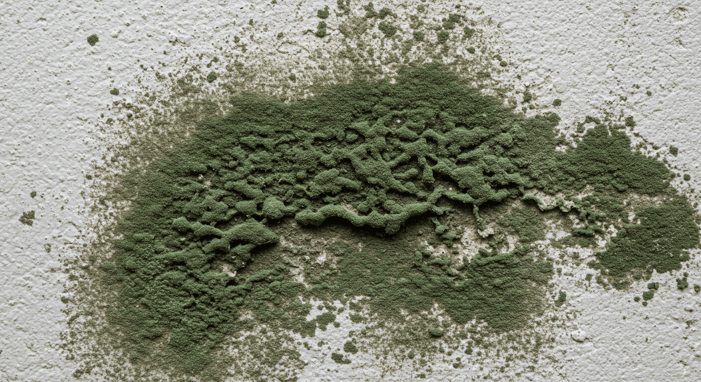 A close-up view of green mold growing on a damp wall in a home setting, showcasing the texture and color of the mold.