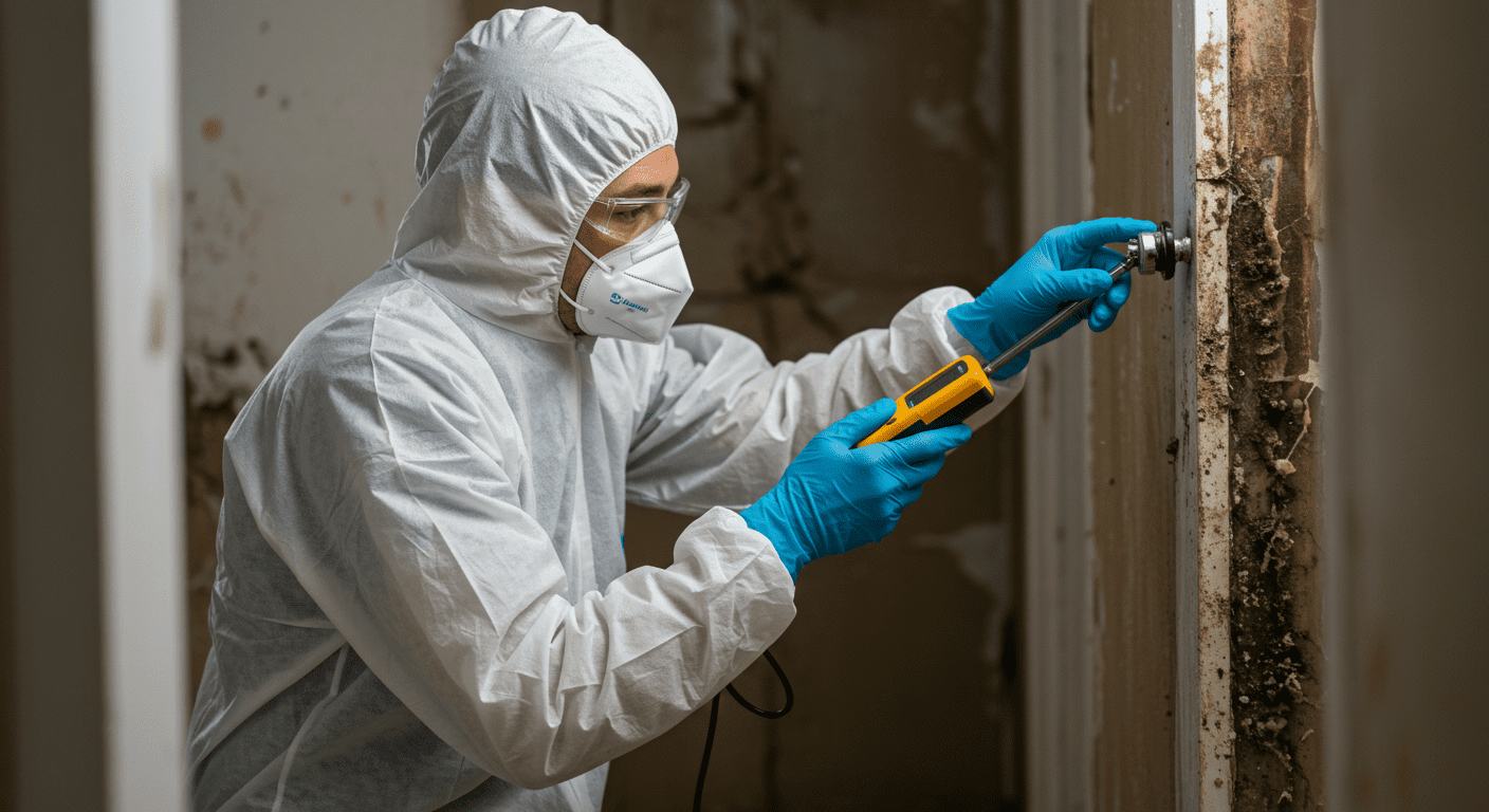 A professional technician in protective gear inspecting a water-damaged area in a home. The technician is using a moisture meter, with visible signs of water damage and mold in the background.