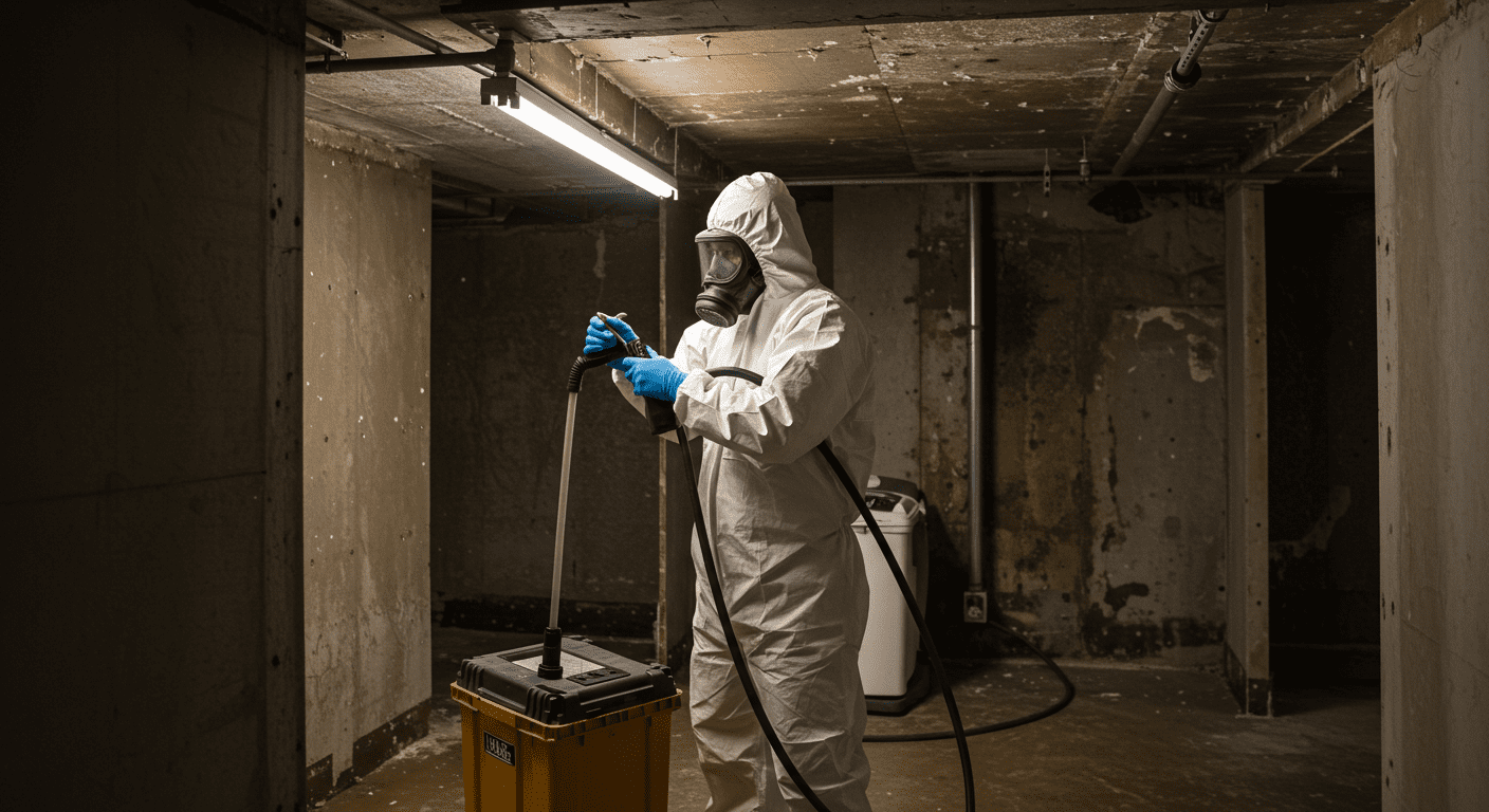 A restoration expert conducting mold remediation in a basement, with protective gear and equipment visible. The image highlights the importance of safety and thoroughness in restoration work.