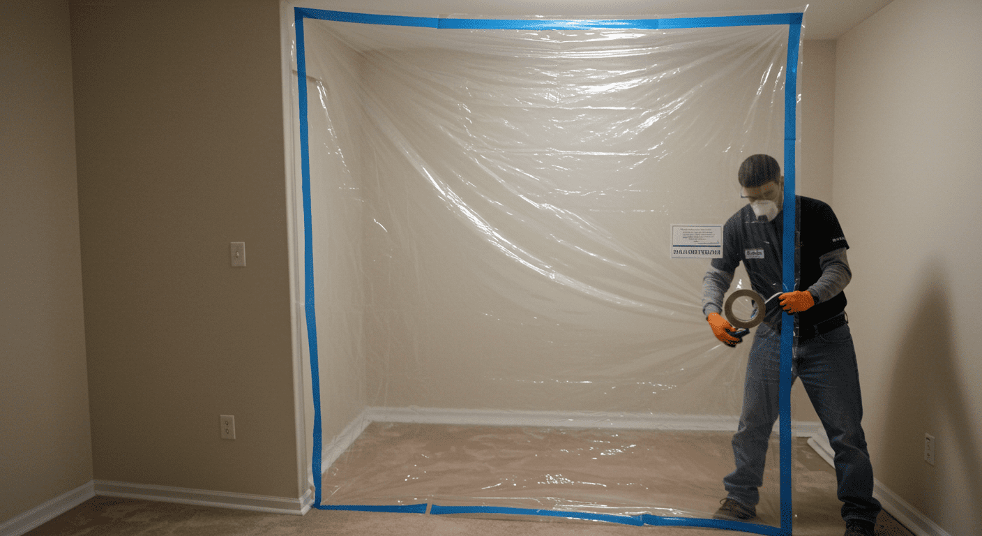 A room sealed off with plastic sheeting to contain mold spores during remediation. The image shows a worker carefully applying tape to secure the plastic, emphasizing safety and containment.