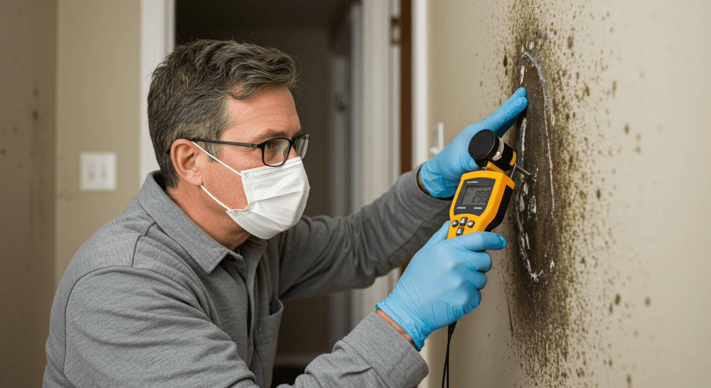 A professional mold inspector examining a damp wall with a moisture meter, showcasing the inspection phase of the mold mitigation process.