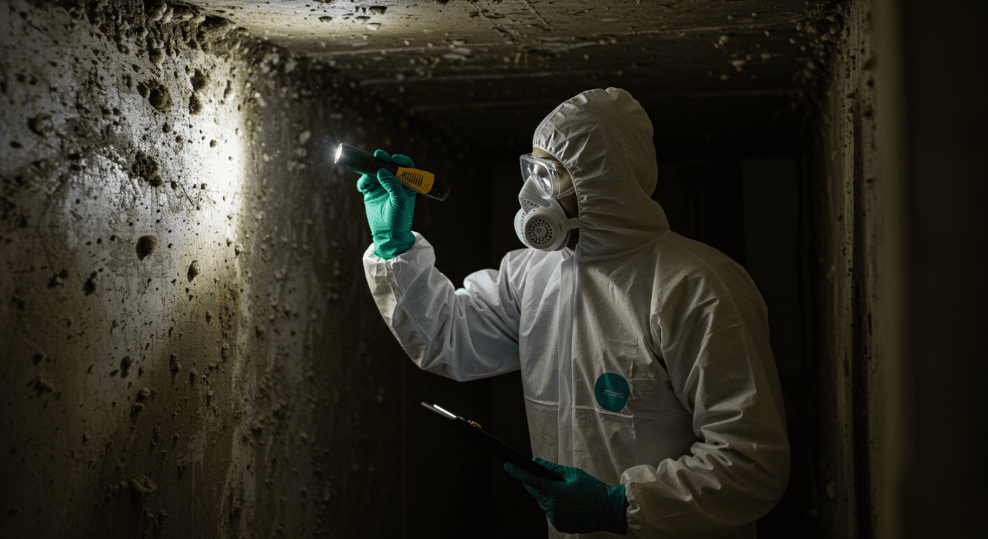 A professional mold remediation technician in protective gear inspecting a home for mold.