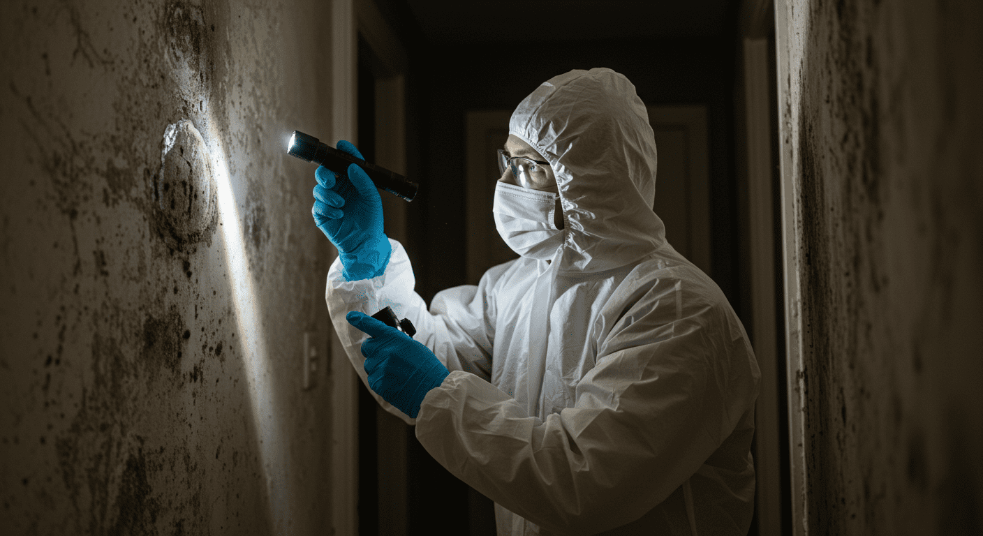 A mold removal specialist in protective gear inspecting a home for mold. The focus is on the technician examining a wall with a flashlight, revealing signs of mold.