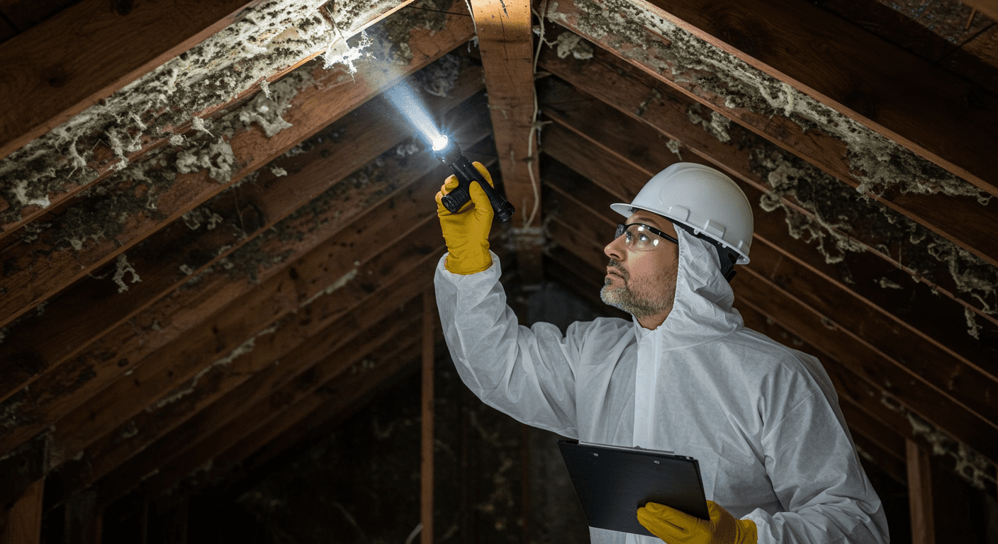 A professional mold inspector examining an attic with a flashlight, highlighting areas affected by mold. The inspector is wearing protective gear, emphasizing safety.