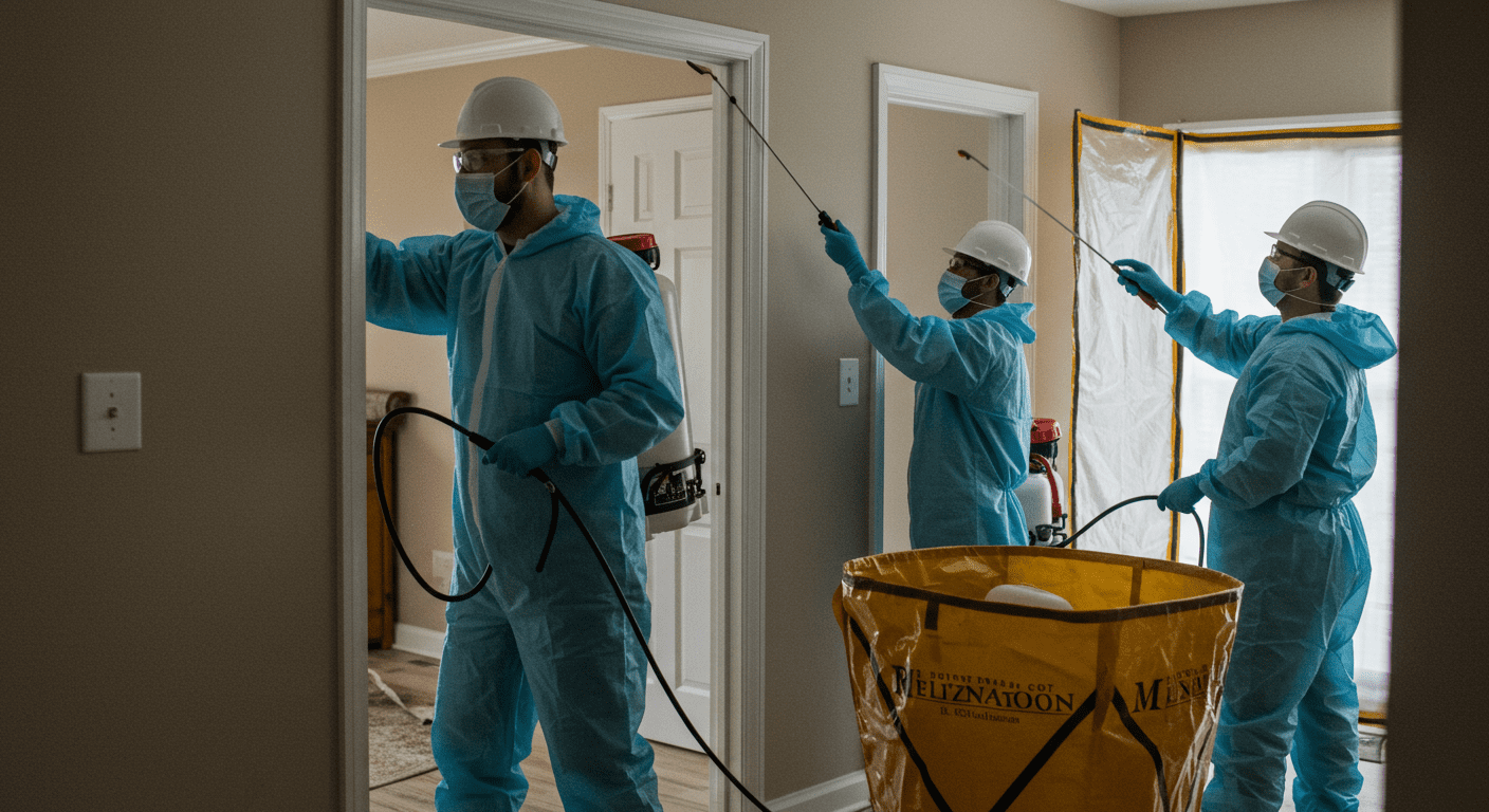 A team of mold remediation specialists actively working in a home, using specialized equipment to remove mold.