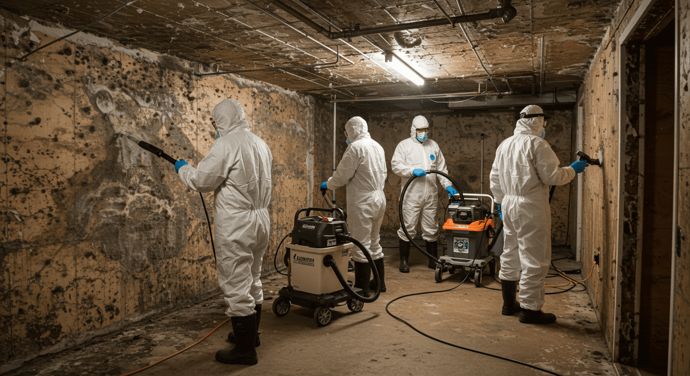 A team of mold remediation specialists in action, using HEPA vacuums and other equipment to remove mold from a basement. The scene shows them working methodically, with visible mold on surfaces being treated.