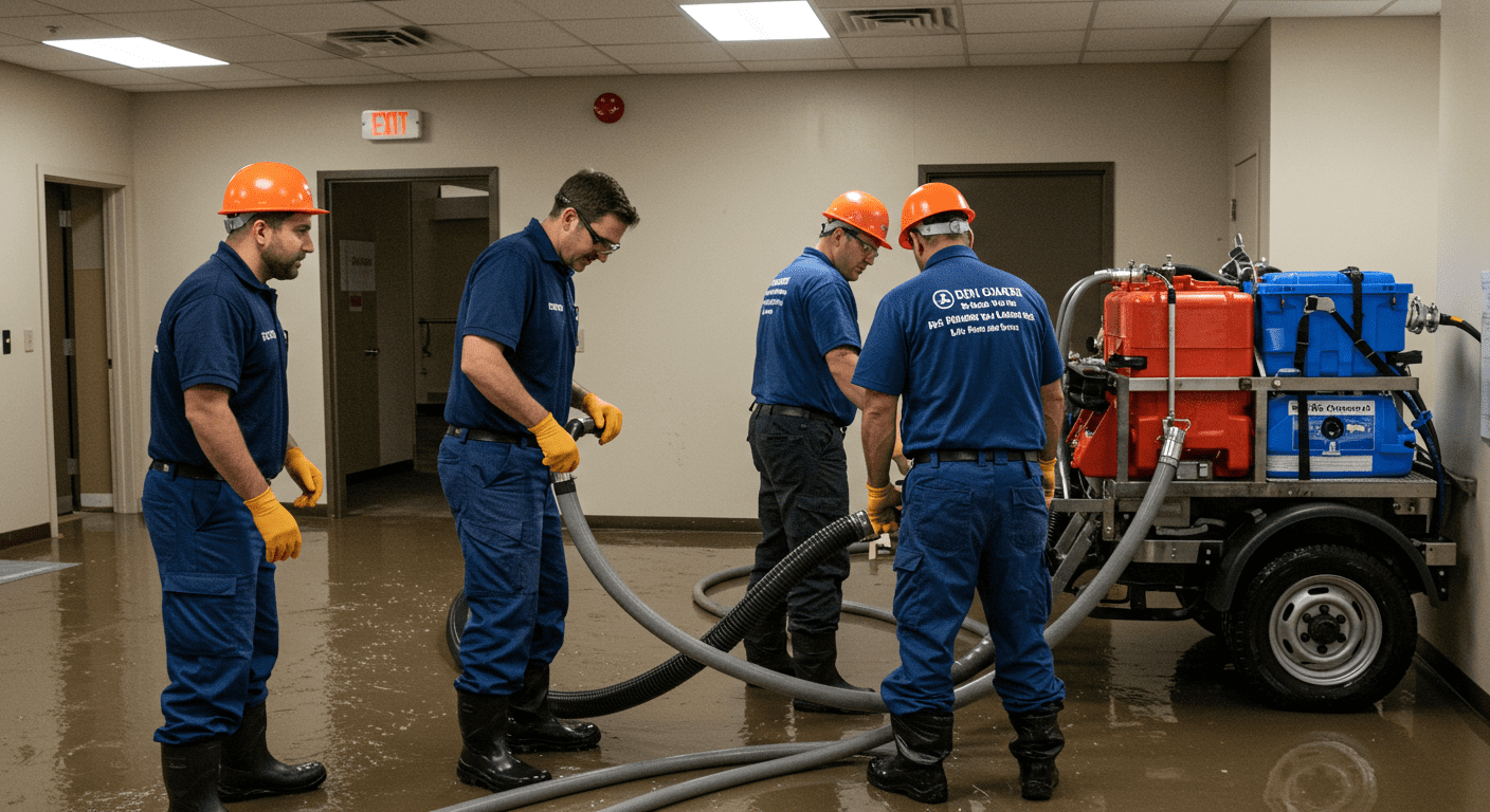 A team of professional restoration technicians in action, using advanced equipment to extract water from a flooded commercial space. The focus is on the teamwork and urgency of the situation.