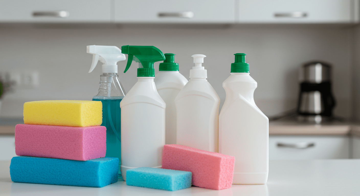 A well-organized display of eco-friendly and safe cleaning products on a clean countertop, emphasizing the importance of using the right materials after mold removal.