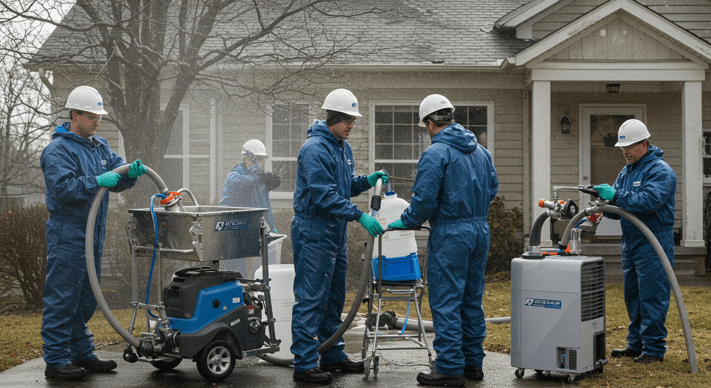 A team of professional water restoration technicians in action, using advanced equipment like water extractors and dehumidifiers.