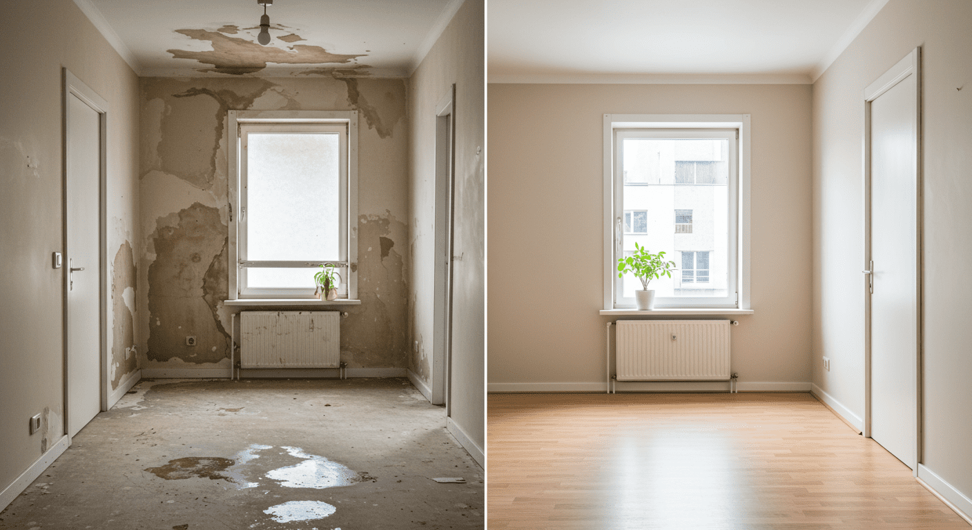 A split image showing a room before and after water damage restoration. The left side shows a damaged area with water stains, while the right side shows a restored, clean space.