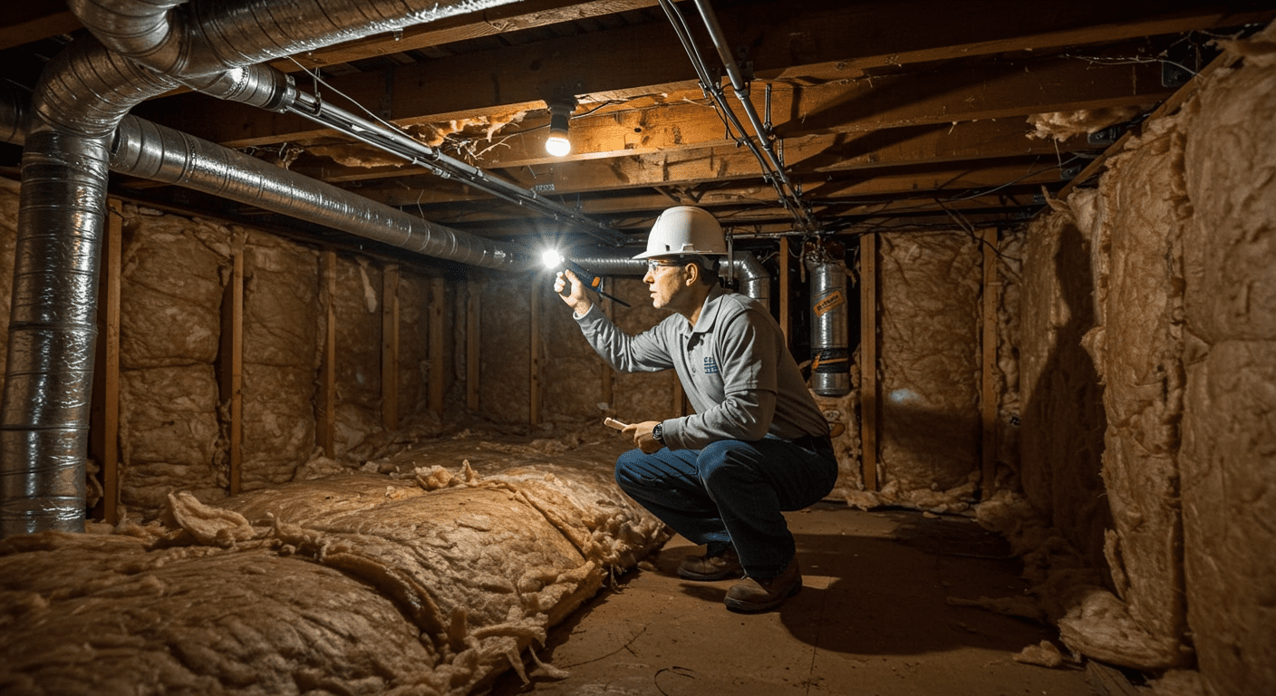 A professional inspecting a crawl space with a flashlight, highlighting signs of moisture and structural issues. The image shows the cramped space with insulation and exposed beams.