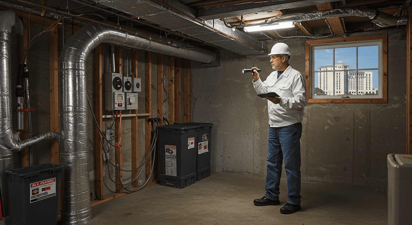 A mold inspector examining a basement with a flashlight, highlighting areas of concern. The setting includes typical basement features, with a window showing a glimpse of the Atlantic City skyline outside.