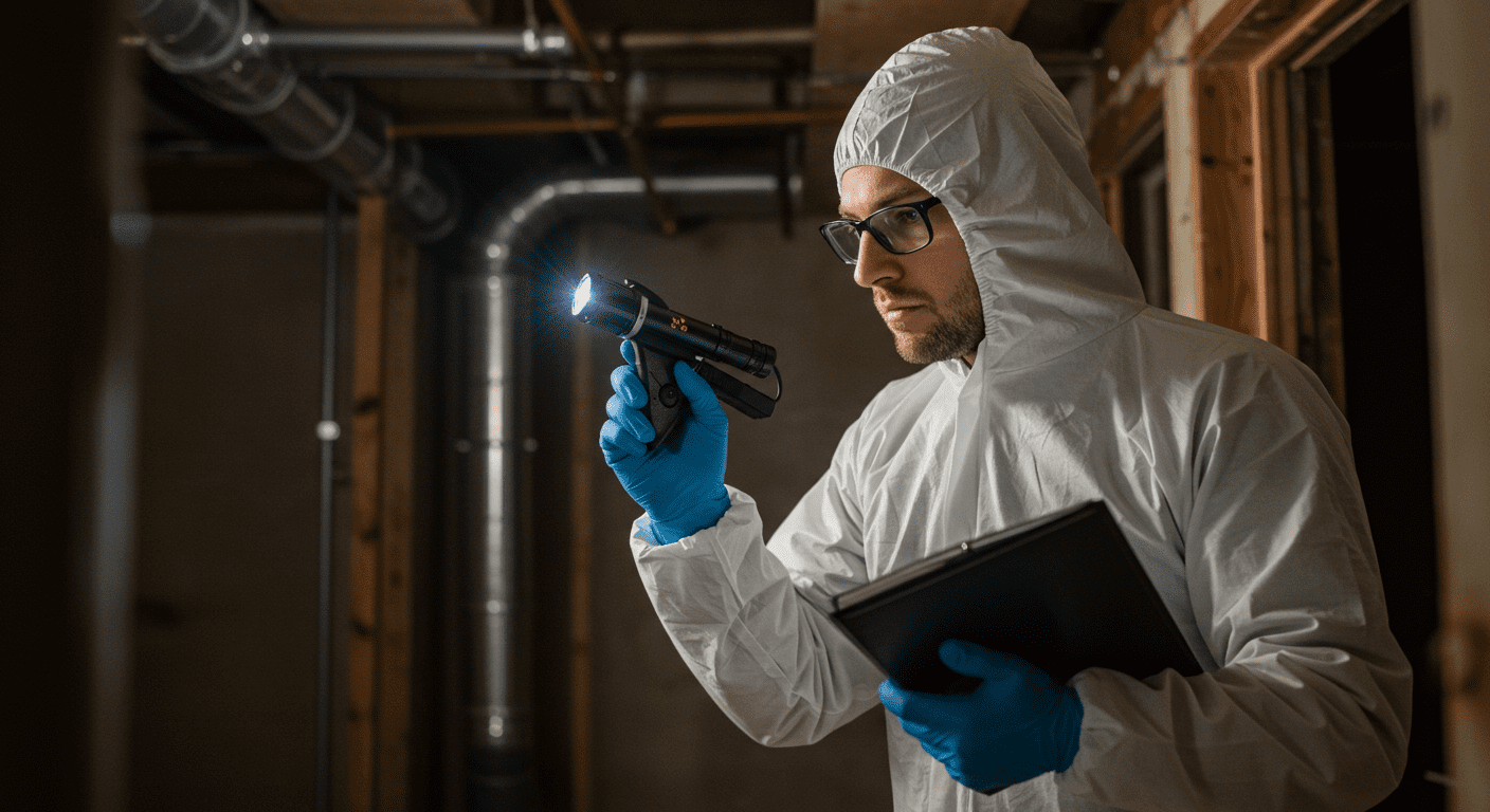 A professional mold inspector examining a residential basement with a flashlight and mold detection equipment.