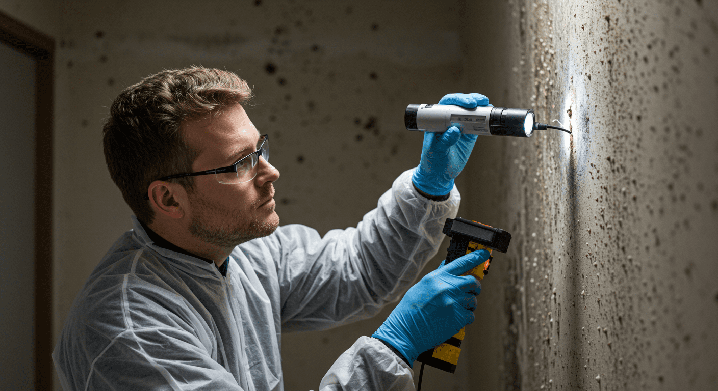 A professional mold inspector examining a commercial property with a flashlight and mold detection equipment. The inspector is focused on a wall showing signs of mold growth.