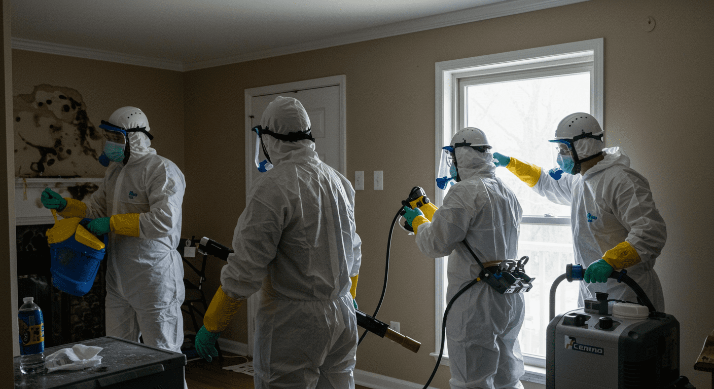 A team of certified mold restoration specialists in protective gear actively removing mold from a residential property.