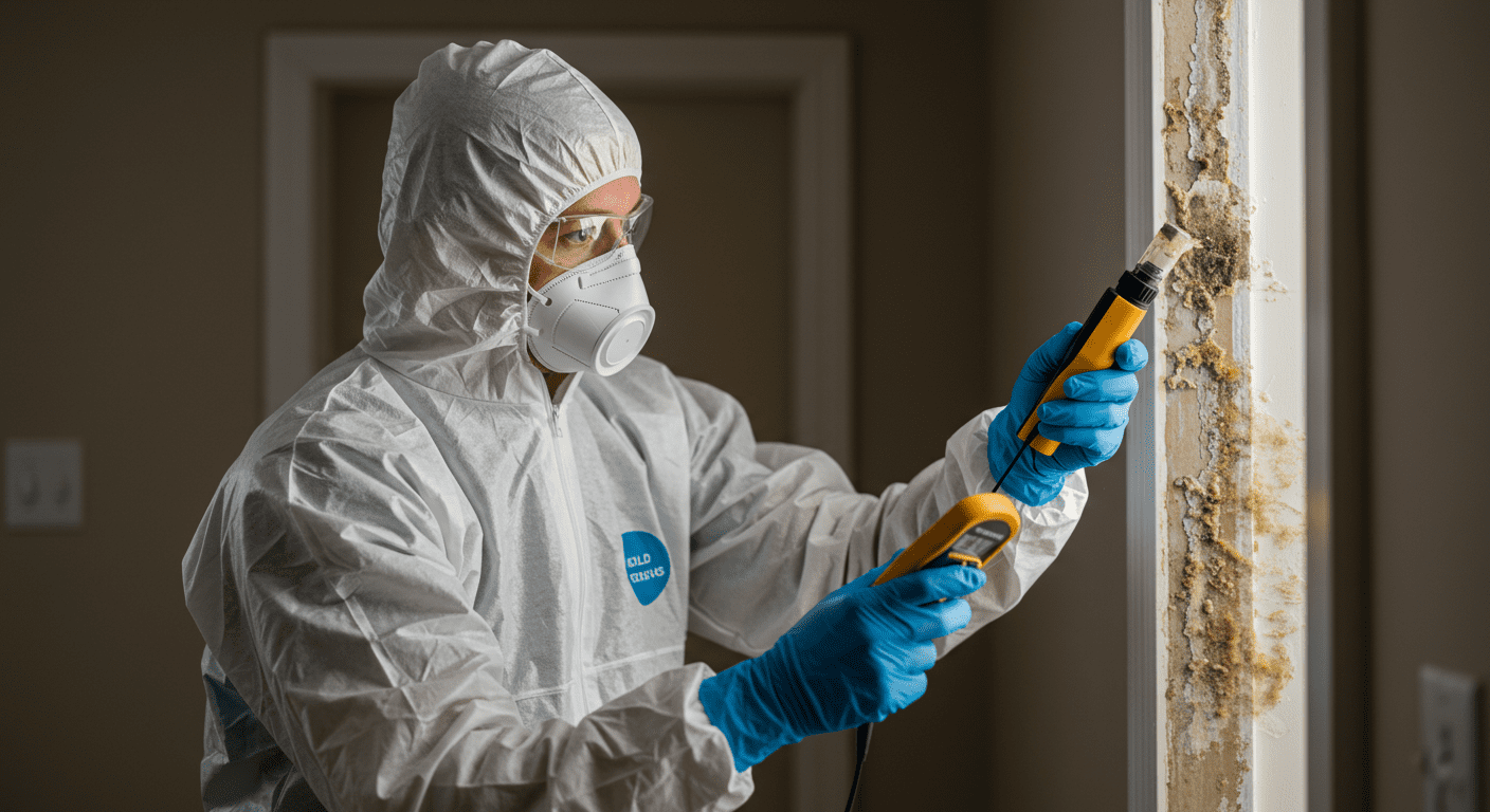 A certified mold remediation specialist in protective gear inspecting a home for mold growth. The focus is on the specialist examining a wall with a moisture meter, showcasing professionalism and expertise.