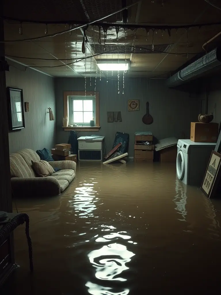 A flooded basement with furniture and personal belongings submerged in water, illustrating the need for water damage restoration services by Water Rescue NJ.