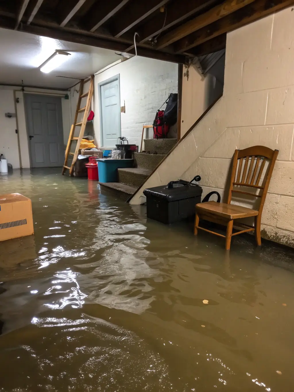 A flooded basement with furniture and personal belongings submerged in water, showcasing the need for immediate water extraction and restoration services by Water Rescue NJ.