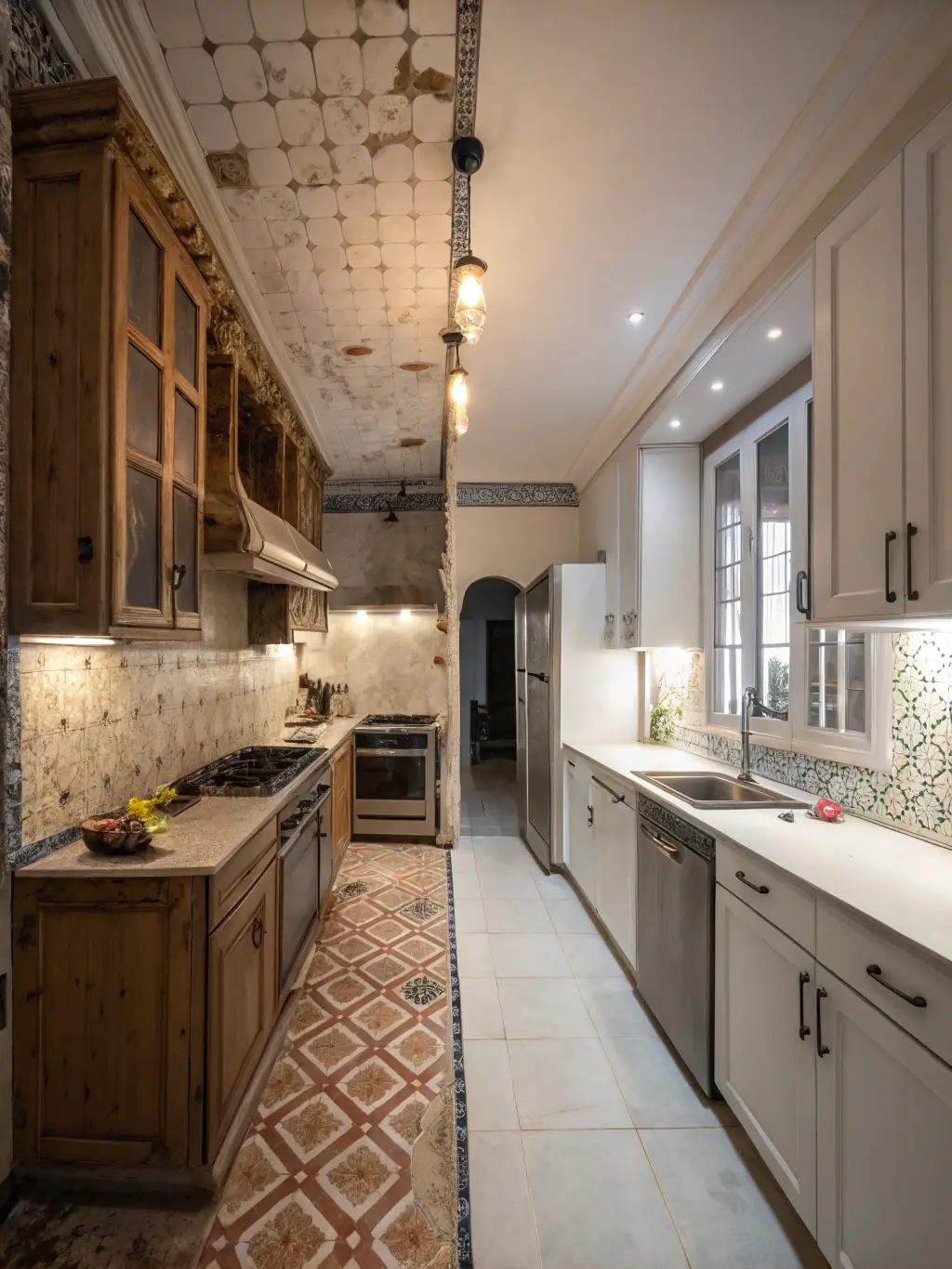 A before-and-after shot of a fire-damaged kitchen, illustrating the transformative power of fire damage restoration services.