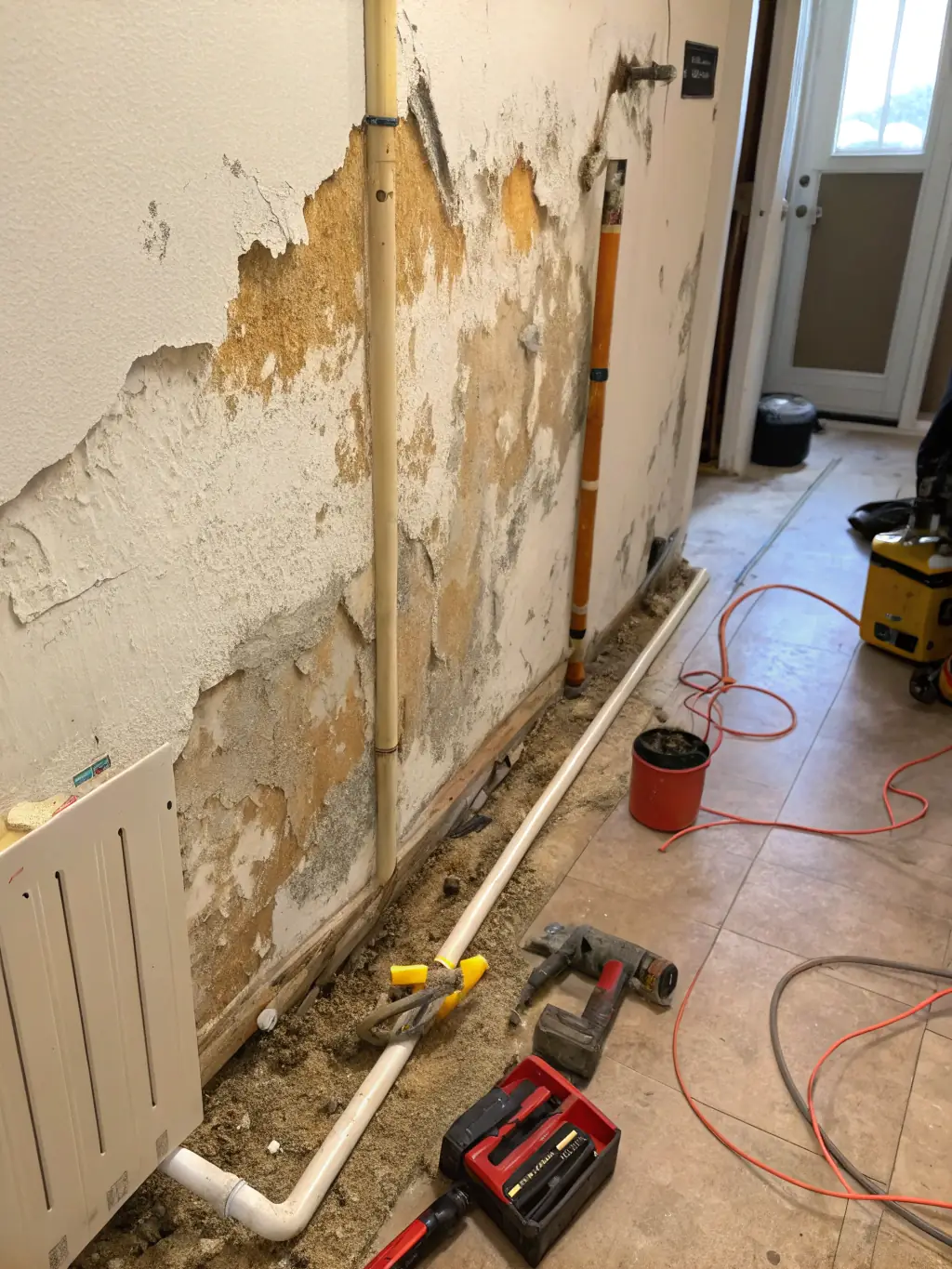 A home affected by storm damage, with visible water stains on walls and ceilings, highlighting the importance of professional storm recovery services.