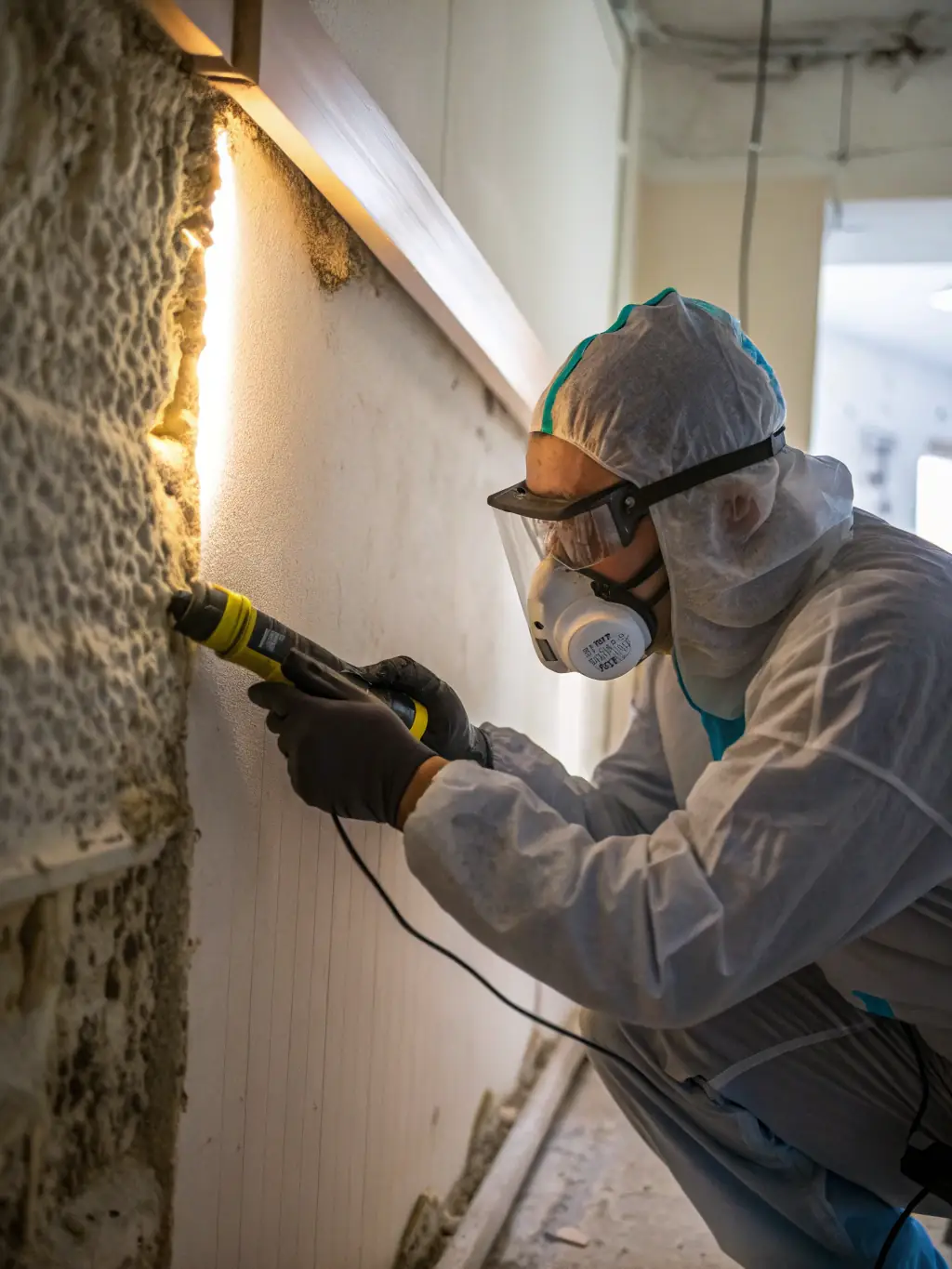 Technicians in protective gear inspecting mold growth on a water-damaged wall, highlighting the importance of professional mold remediation.