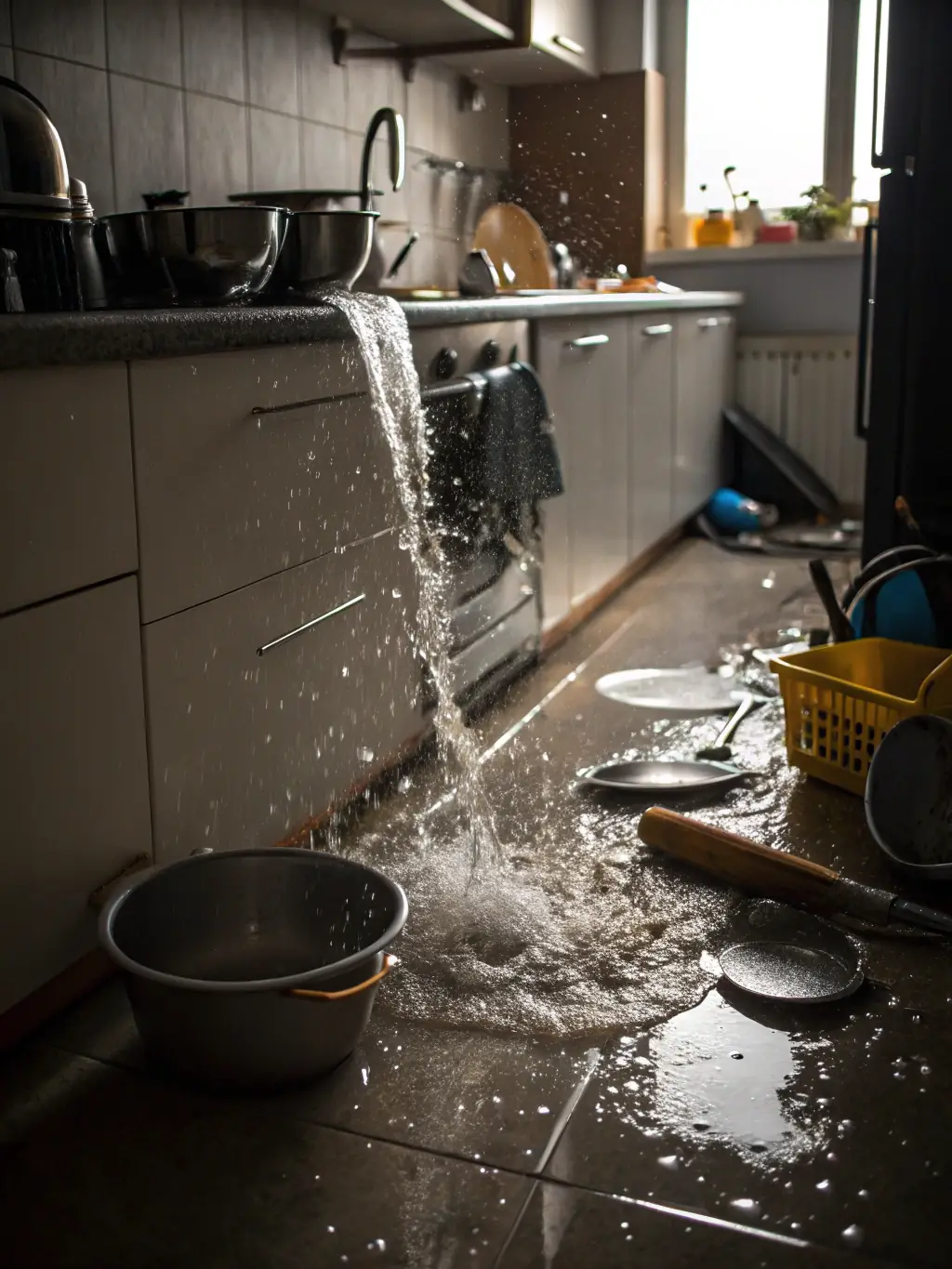A kitchen with a burst pipe, water spraying everywhere, and damaged cabinets, illustrating the urgency of addressing plumbing failures to prevent extensive damage.